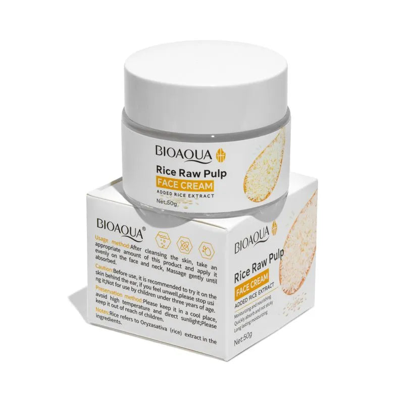CREMA FACIAL DE PULPA CRUDA DE ARROZ HIDRATANTE Y NUTRITIVA, QUE CUIDA SUAVEMENTE LA PIEL, MEJORA LA SEQUEDAD E HIDRATADA BIOAQUA 50G