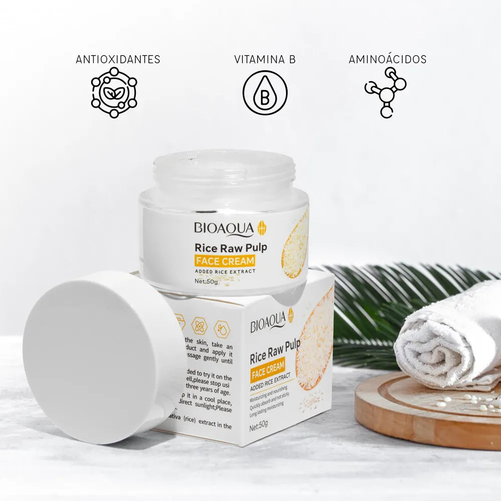 CREMA FACIAL DE PULPA CRUDA DE ARROZ HIDRATANTE Y NUTRITIVA, QUE CUIDA SUAVEMENTE LA PIEL, MEJORA LA SEQUEDAD E HIDRATADA BIOAQUA 50G